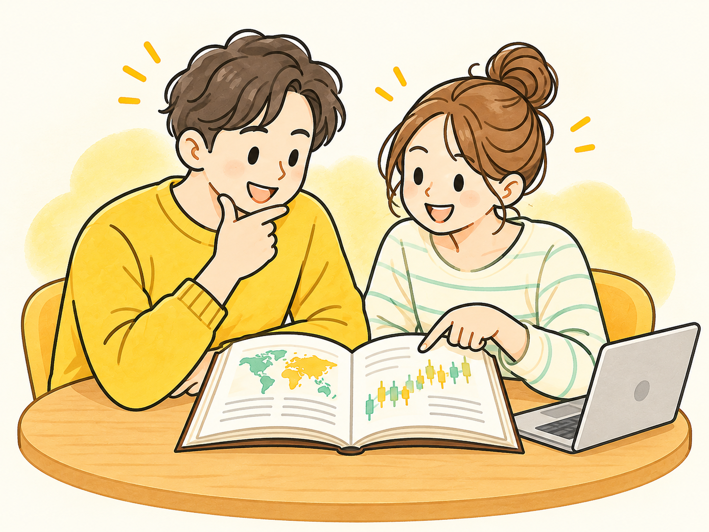 ガイドブックと図を見ながらFXの基礎を学ぶ二人のイラスト