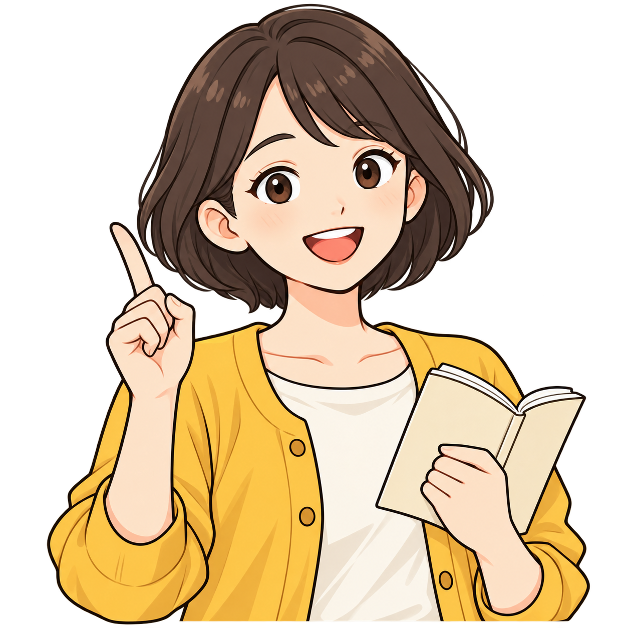 黄色いカーディガンで本を持つ人の案内役、いっぽ