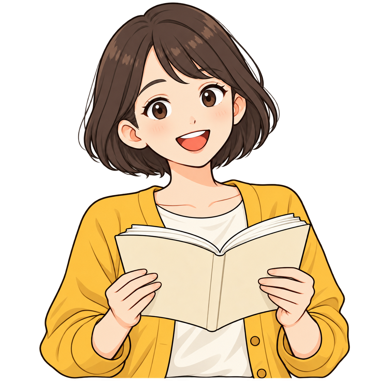黄色いカーディガンで本を持つ人の案内役、いっぽ